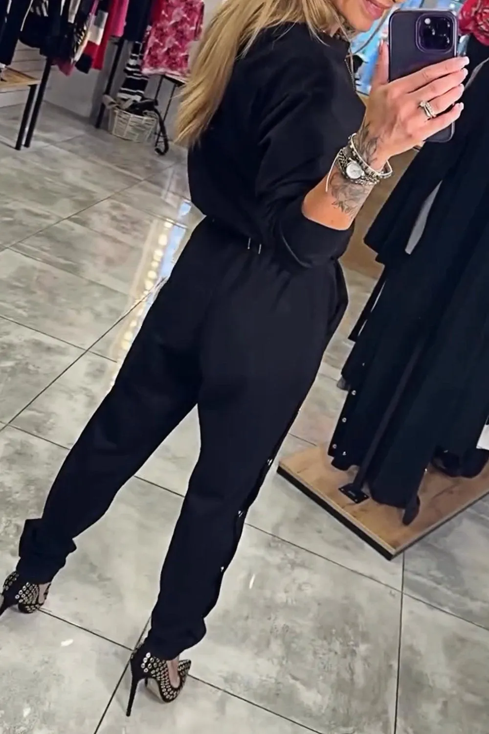 Women's Zipper Jacket & Slim Buttoned Trousers Two-piece Set